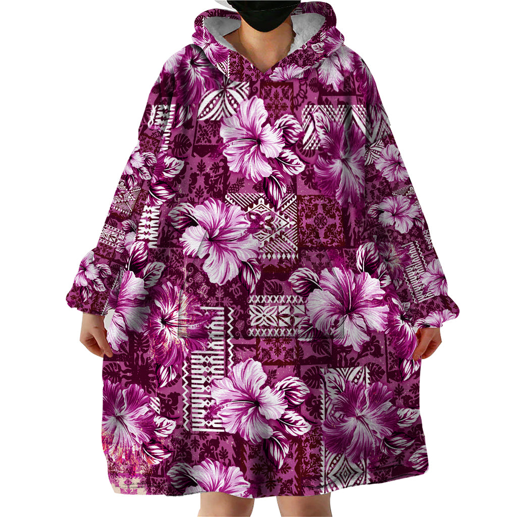 Hawaiian Quilt Pattern Wearable Blanket Hoodie Hibiscus and Tribal Element Vintage Pink Vibe LT03 - Polynesian Pride