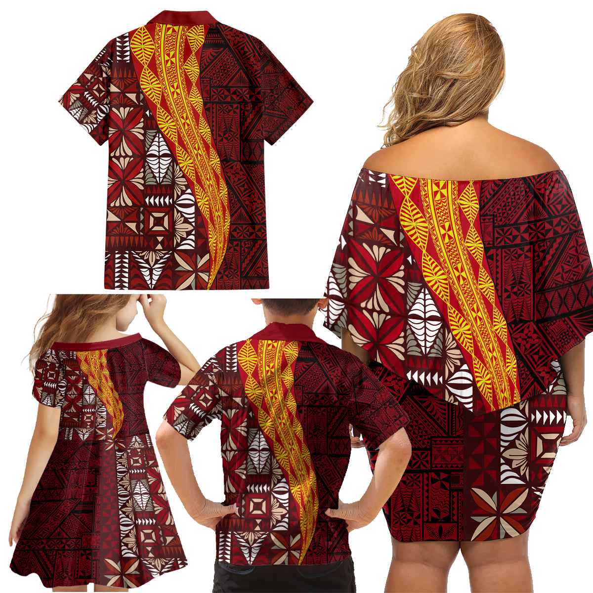 Tonga Feletoa Kupesi Fakatonga Family Matching Off Shoulder Short Dress and Hawaiian Shirt LT03 - Polynesian Pride