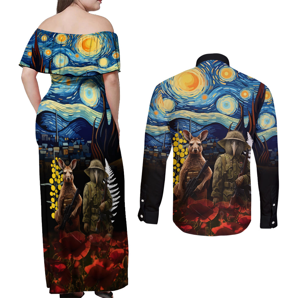 New Zealand and Australia ANZAC Day Couples Matching Off Shoulder Maxi Dress and Long Sleeve Button Shirt Kiwi Bird and Kangaroo Soldier Starry Night Style LT03 - Polynesian Pride