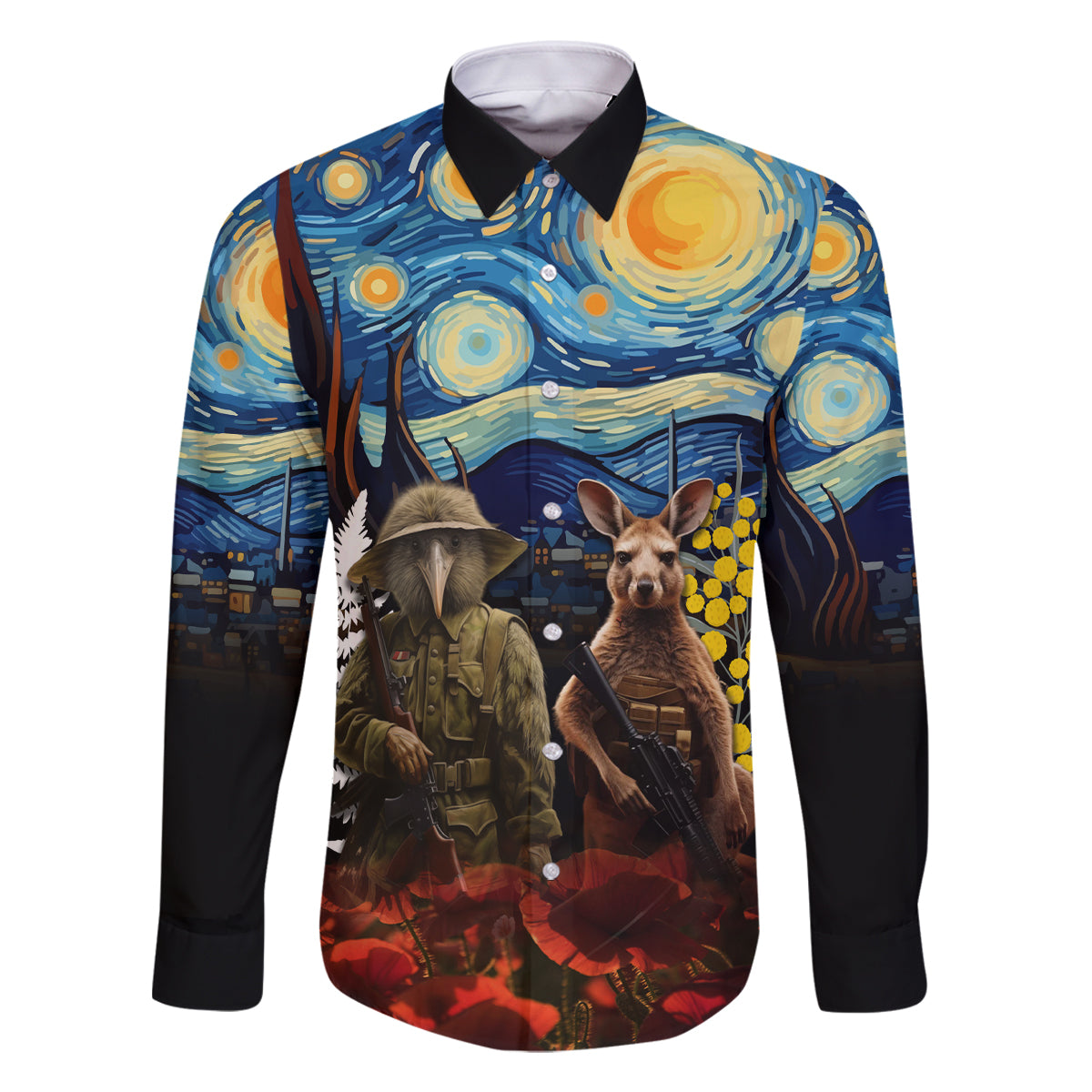 New Zealand and Australia ANZAC Day Family Matching Long Sleeve Bodycon Dress and Hawaiian Shirt Kiwi Bird and Kangaroo Soldier Starry Night Style LT03 Dad's Shirt - Long Sleeve Black - Polynesian Pride