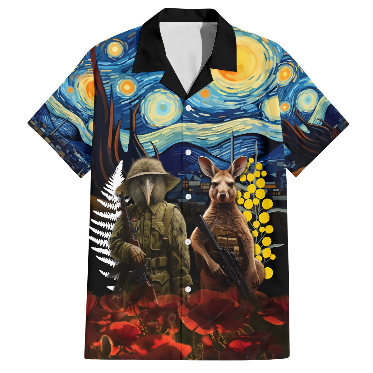 New Zealand and Australia ANZAC Day Family Matching Puletasi and Hawaiian Shirt Kiwi Bird and Kangaroo Soldier Starry Night Style LT03 Dad's Shirt - Short Sleeve Black - Polynesian Pride