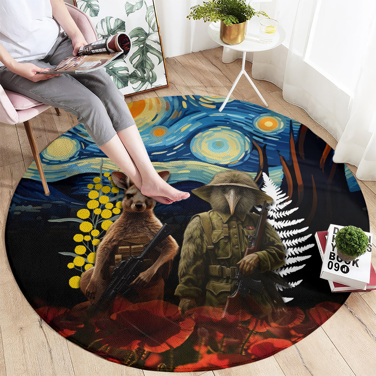 New Zealand and Australia ANZAC Day Round Carpet Kiwi Bird and Kangaroo Soldier Starry Night Style LT03 - Polynesian Pride
