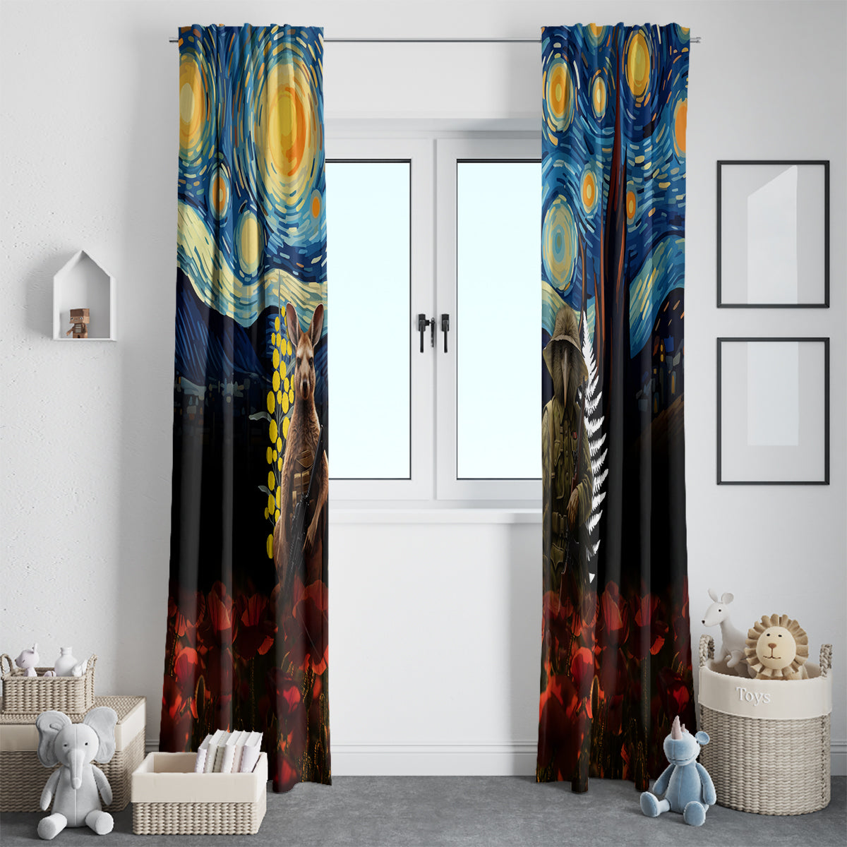 New Zealand and Australia ANZAC Day Window Curtain Kiwi Bird and Kangaroo Soldier Starry Night Style LT03 - Polynesian Pride