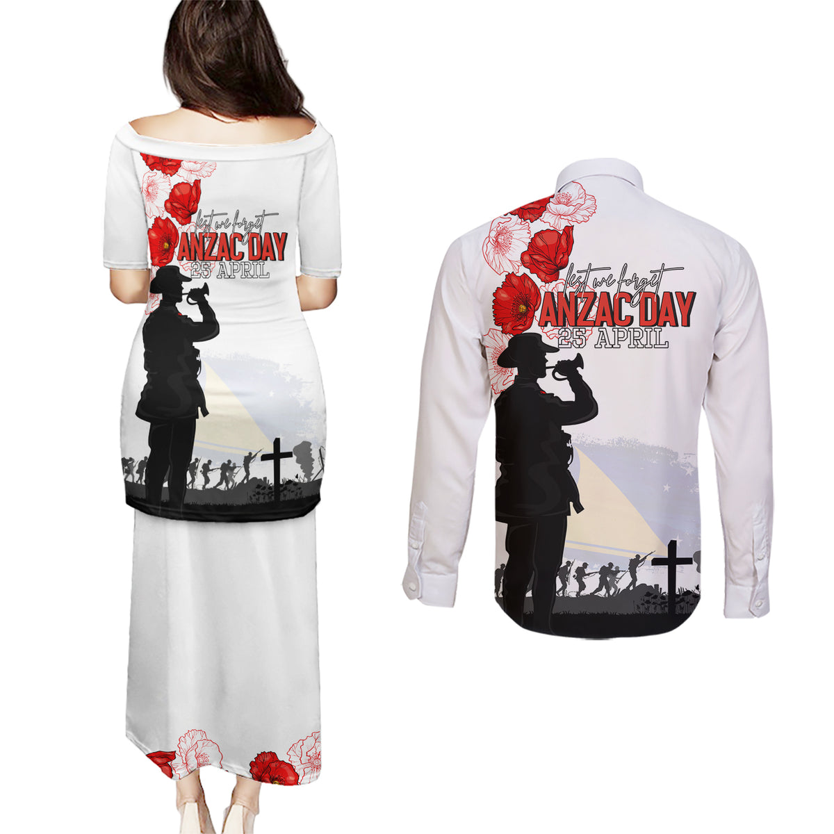 Tokelau ANZAC Day Couples Matching Puletasi and Long Sleeve Button Shirt Lest We Forget Red Poppy Flowers and Soldier LT03 - Polynesian Pride