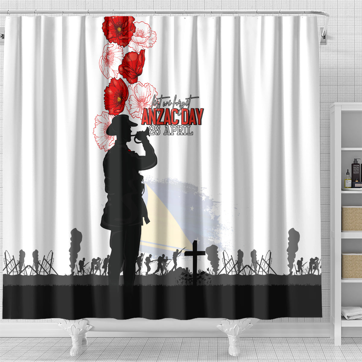Tokelau ANZAC Day Shower Curtain Lest We Forget Red Poppy Flowers and Soldier LT03 - Polynesian Pride