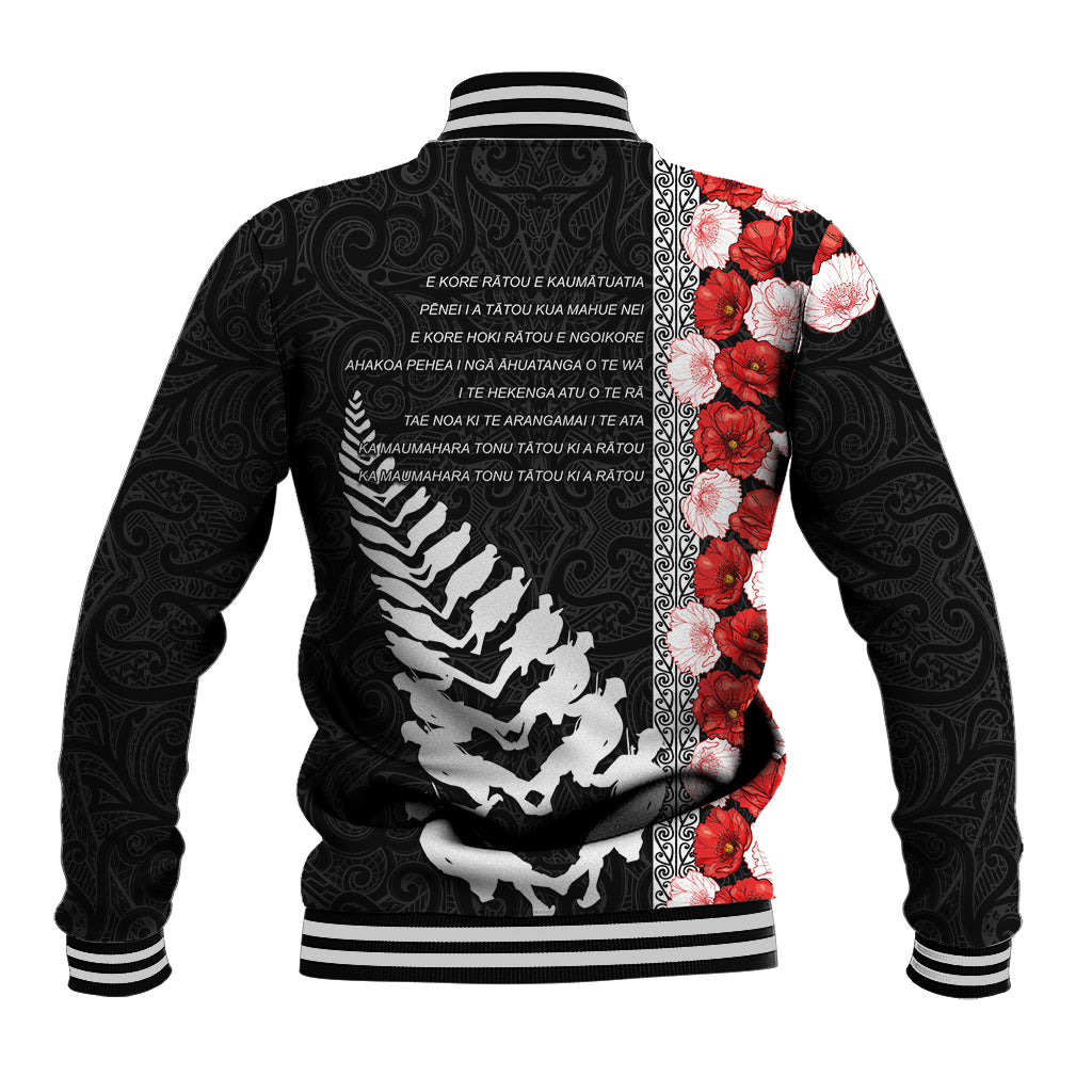 New Zealand ANZAC Day Baseball Jacket Soldier Silver Fern with Red Poppies Flower Maori Style LT03 - Polynesian Pride