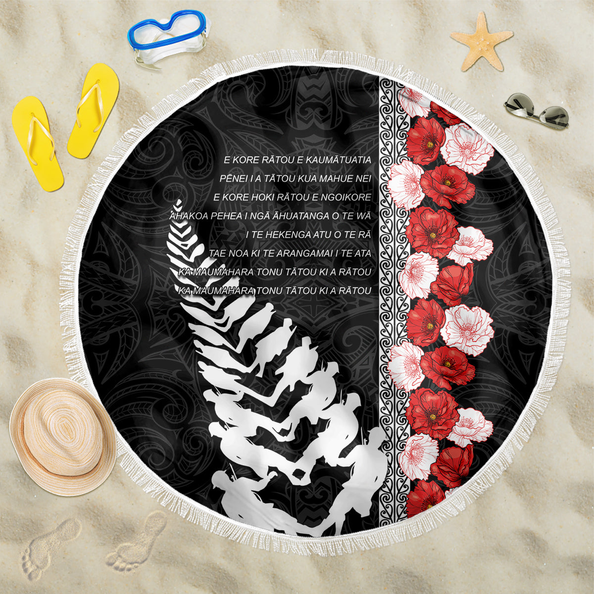 New Zealand ANZAC Day Beach Blanket Soldier Silver Fern with Red Poppies Flower Maori Style LT03 One Size 150cm Black - Polynesian Pride