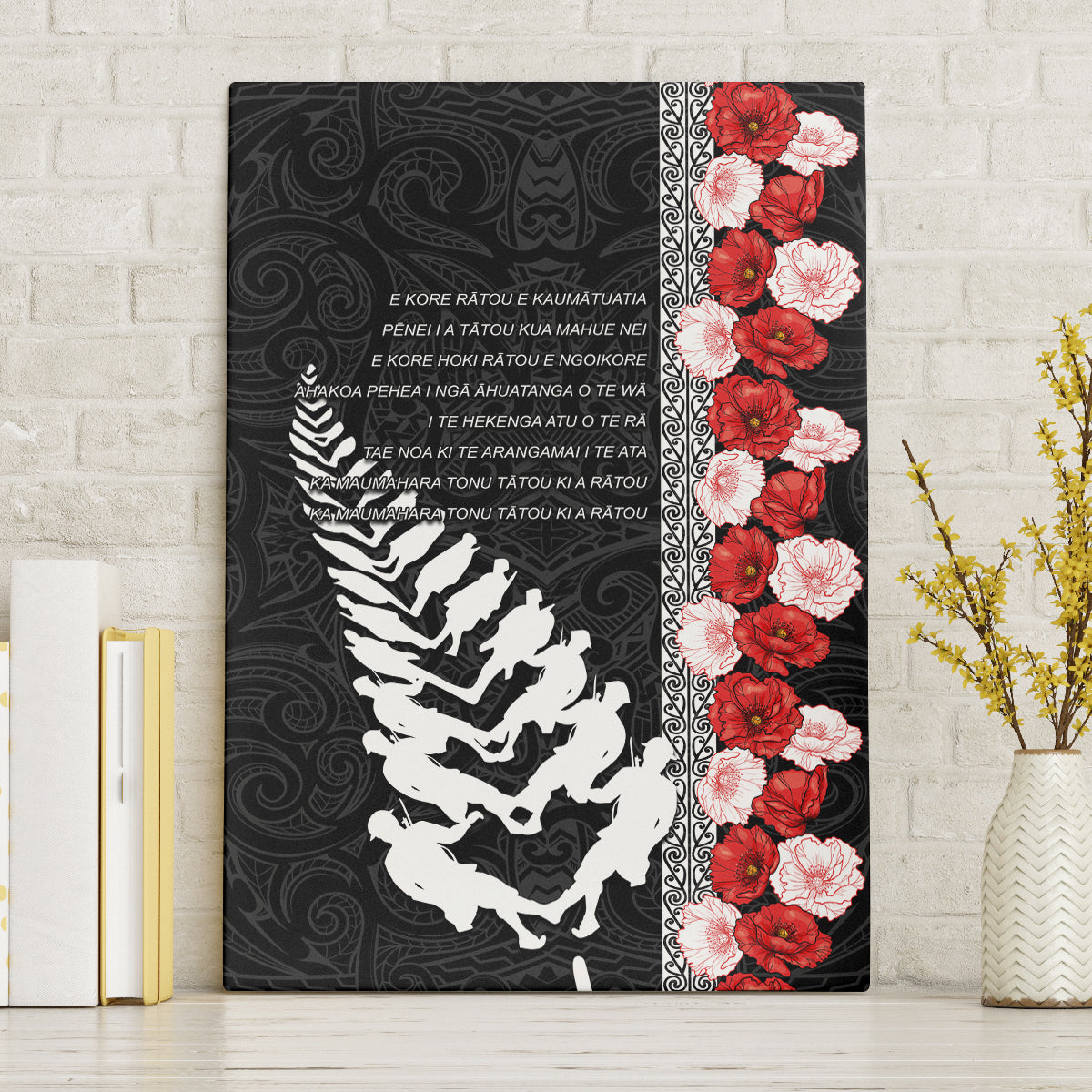 New Zealand ANZAC Day Canvas Wall Art Soldier Silver Fern with Red Poppies Flower Maori Style LT03 Without Frame Black - Polynesian Pride