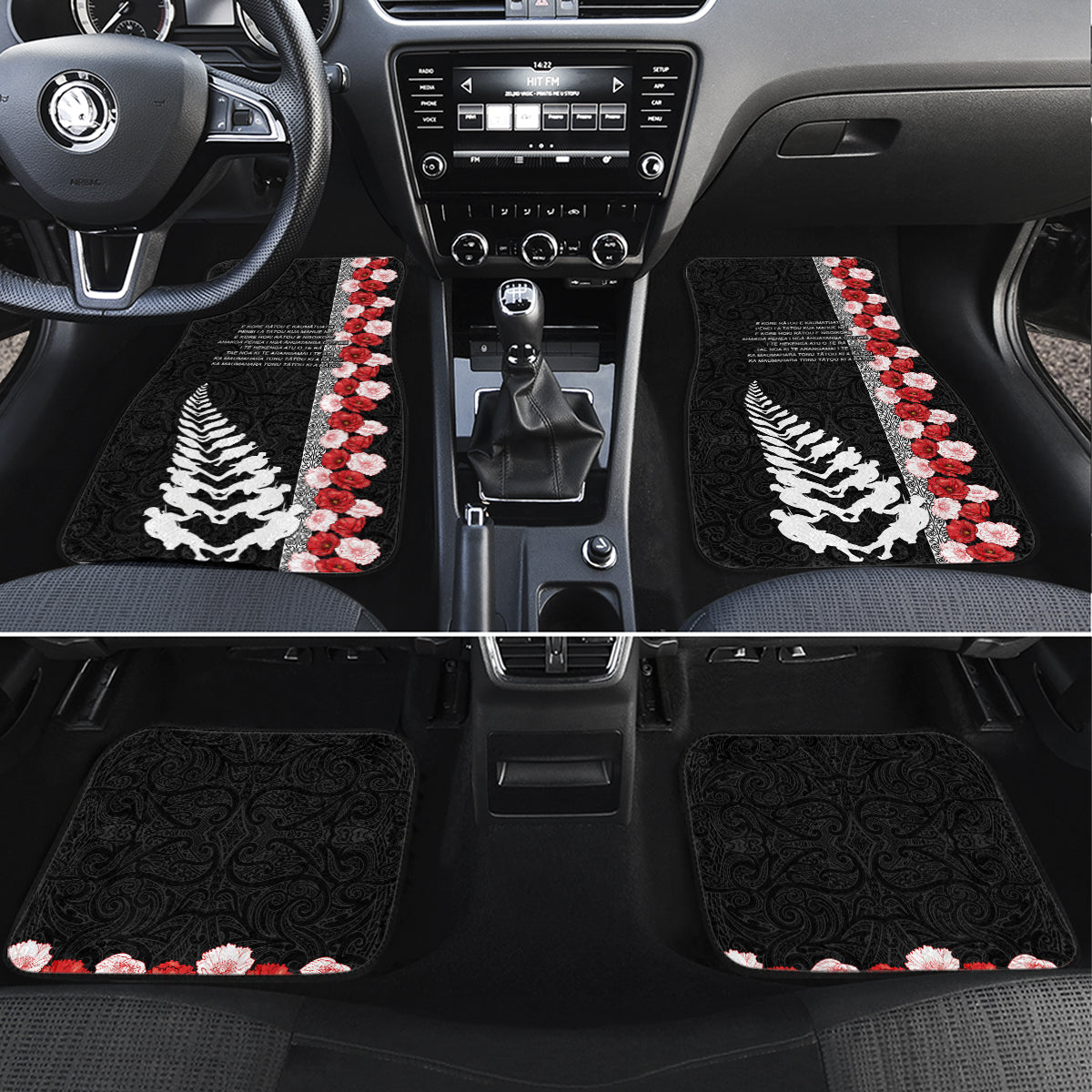 New Zealand ANZAC Day Car Mats Soldier Silver Fern with Red Poppies Flower Maori Style LT03 Set 4pcs Black - Polynesian Pride