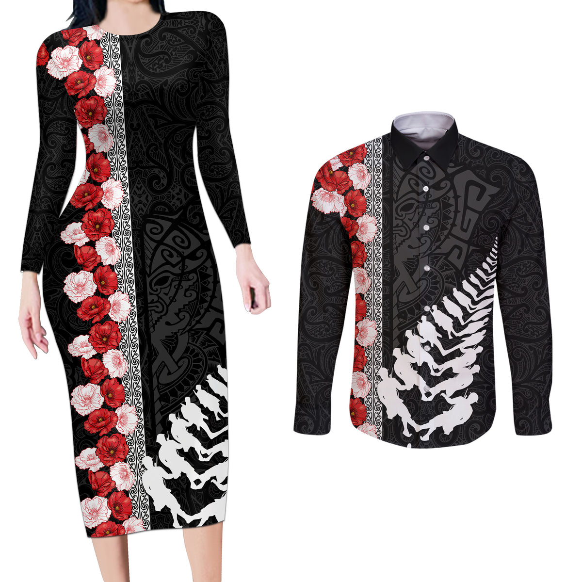 New Zealand ANZAC Day Couples Matching Long Sleeve Bodycon Dress and Long Sleeve Button Shirt Soldier Silver Fern with Red Poppies Flower Maori Style LT03 Black - Polynesian Pride