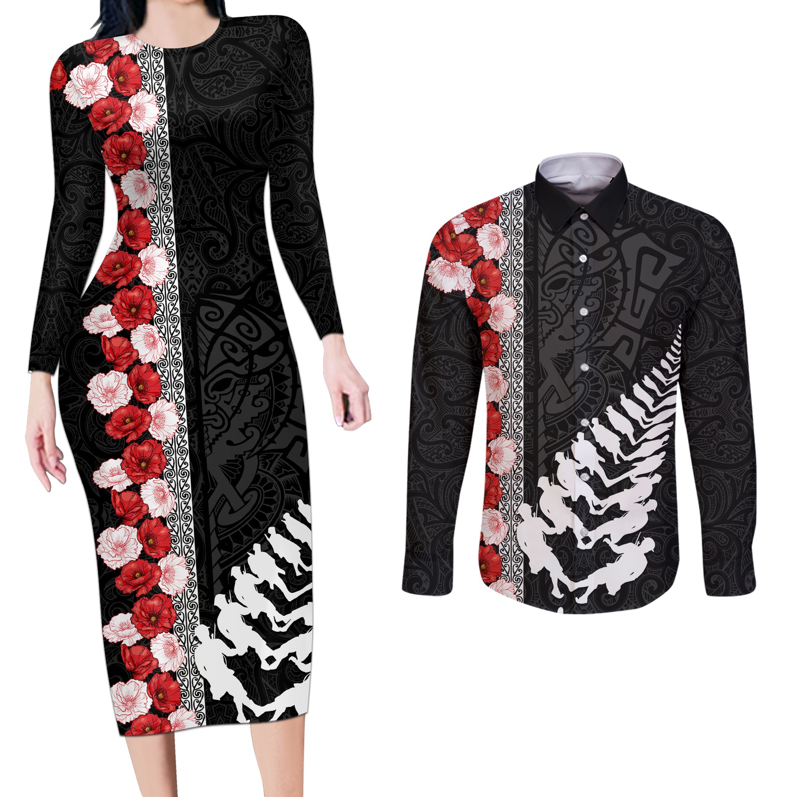 New Zealand ANZAC Day Couples Matching Long Sleeve Bodycon Dress and Long Sleeve Button Shirt Soldier Silver Fern with Red Poppies Flower Maori Style LT03 Black - Polynesian Pride