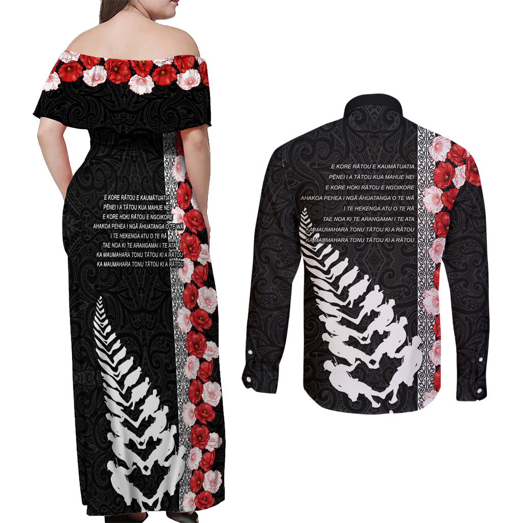 New Zealand ANZAC Day Couples Matching Off Shoulder Maxi Dress and Long Sleeve Button Shirt Soldier Silver Fern with Red Poppies Flower Maori Style LT03 - Polynesian Pride