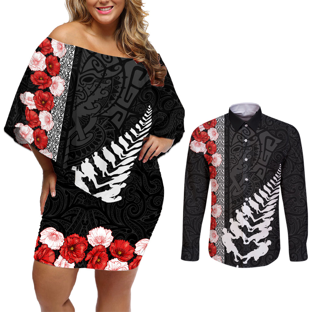 New Zealand ANZAC Day Couples Matching Off Shoulder Short Dress and Long Sleeve Button Shirt Soldier Silver Fern with Red Poppies Flower Maori Style LT03 Black - Polynesian Pride