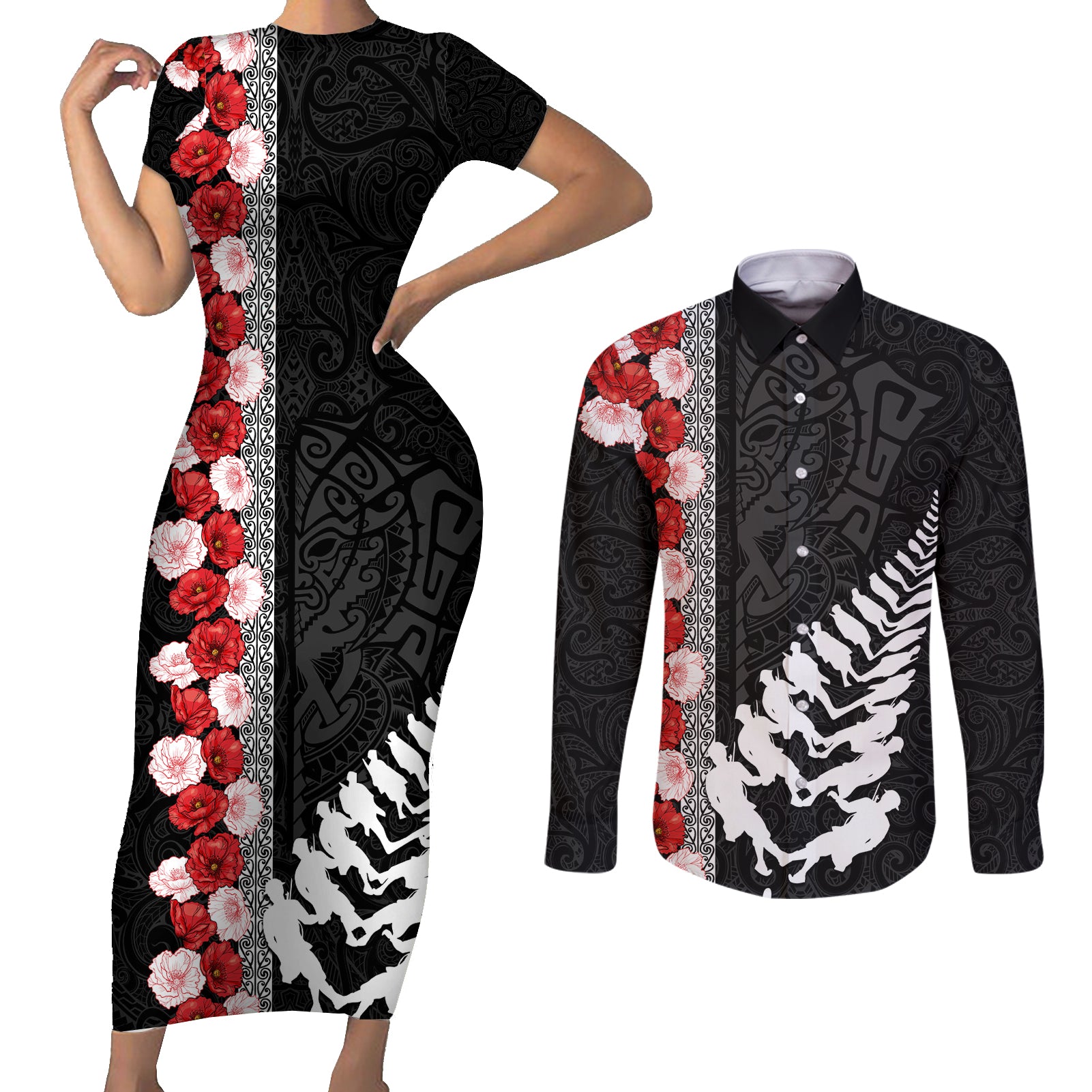 New Zealand ANZAC Day Couples Matching Short Sleeve Bodycon Dress and Long Sleeve Button Shirt Soldier Silver Fern with Red Poppies Flower Maori Style LT03 Black - Polynesian Pride