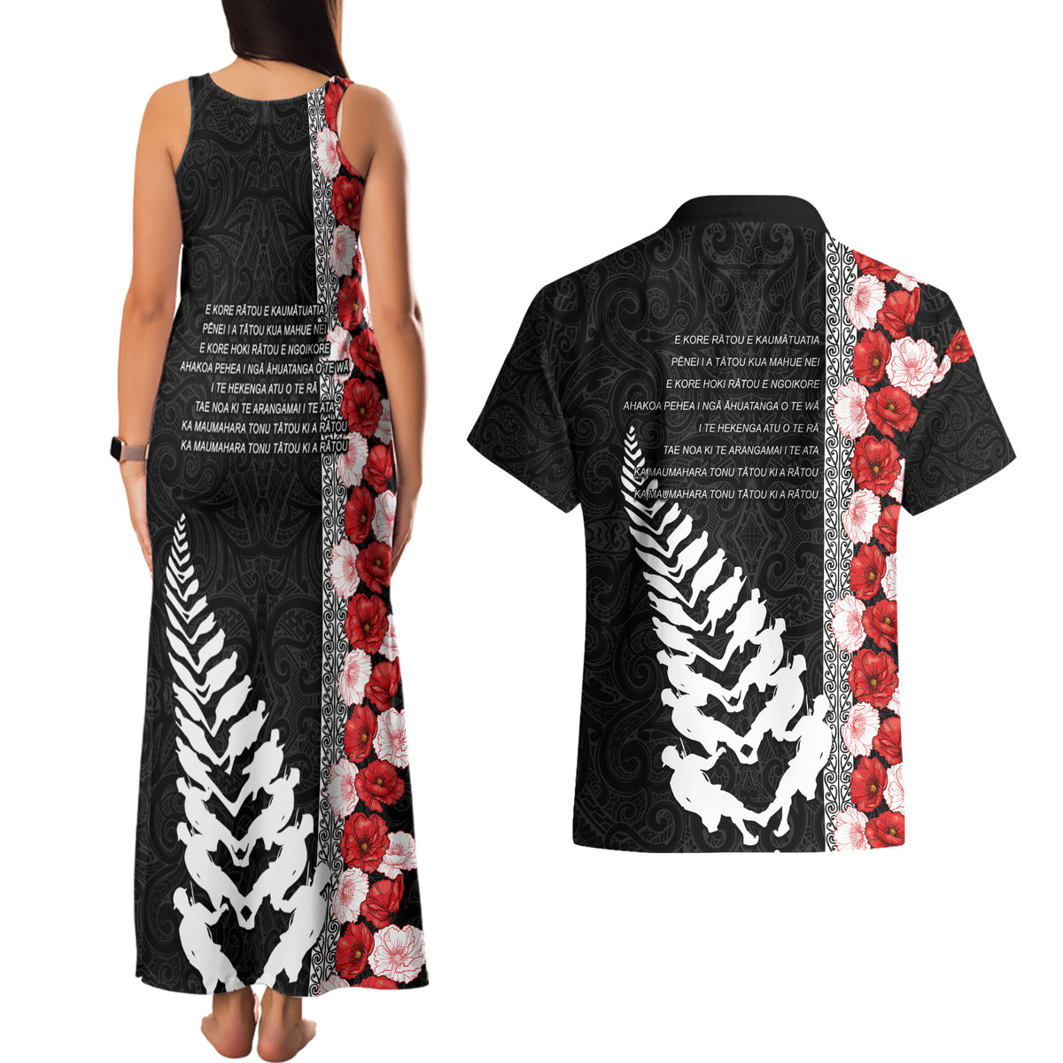 New Zealand ANZAC Day Couples Matching Tank Maxi Dress and Hawaiian Shirt Soldier Silver Fern with Red Poppies Flower Maori Style LT03 - Polynesian Pride