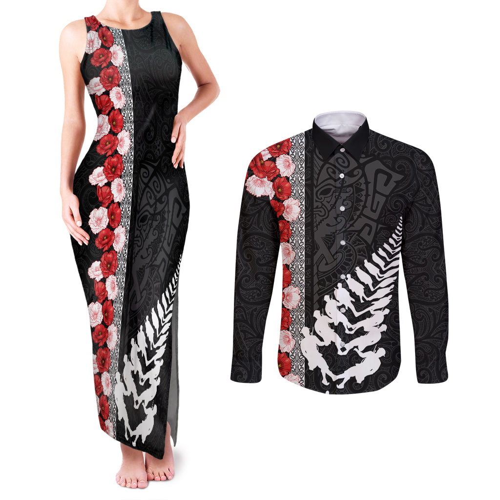 New Zealand ANZAC Day Couples Matching Tank Maxi Dress and Long Sleeve Button Shirt Soldier Silver Fern with Red Poppies Flower Maori Style LT03 Black - Polynesian Pride