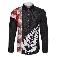 New Zealand ANZAC Day Family Matching Off Shoulder Long Sleeve Dress and Hawaiian Shirt Soldier Silver Fern with Red Poppies Flower Maori Style LT03 Dad's Shirt - Long Sleeve Black - Polynesian Pride