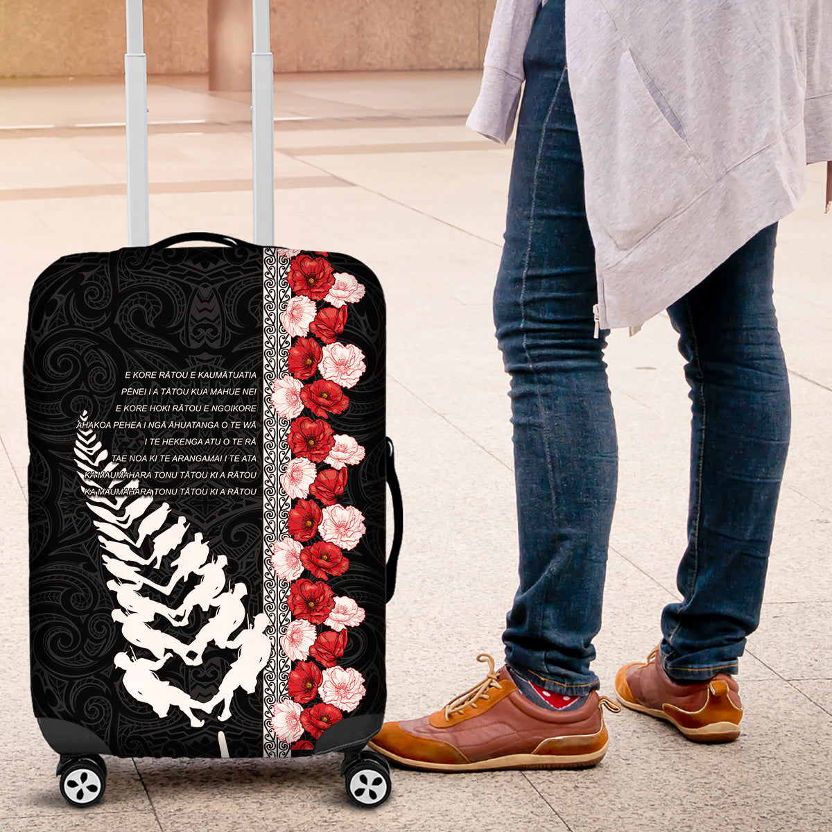 New Zealand ANZAC Day Luggage Cover Soldier Silver Fern with Red Poppies Flower Maori Style LT03 Black - Polynesian Pride