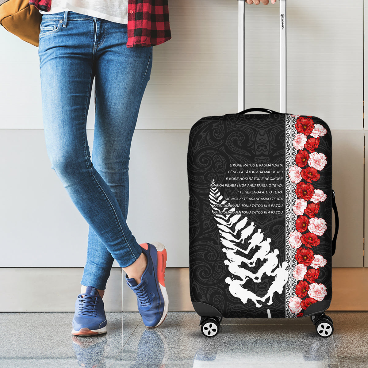 New Zealand ANZAC Day Luggage Cover Soldier Silver Fern with Red Poppies Flower Maori Style LT03 - Polynesian Pride