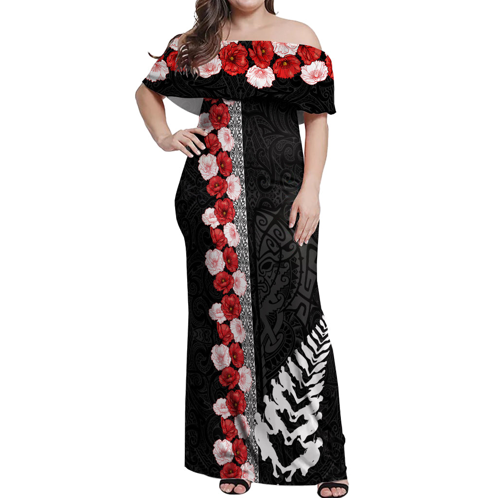 New Zealand ANZAC Day Off Shoulder Maxi Dress Soldier Silver Fern with Red Poppies Flower Maori Style LT03 Women Black - Polynesian Pride