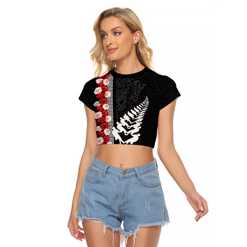 New Zealand ANZAC Day Raglan Cropped T Shirt Soldier Silver Fern with Red Poppies Flower Maori Style LT03 Female Black - Polynesian Pride
