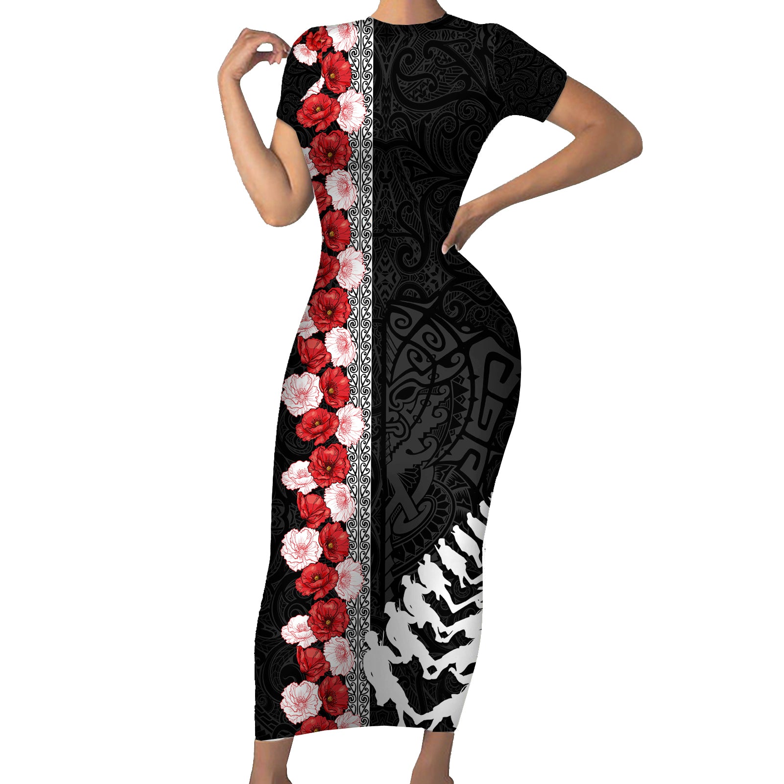 New Zealand ANZAC Day Short Sleeve Bodycon Dress Soldier Silver Fern with Red Poppies Flower Maori Style LT03 Long Dress Black - Polynesian Pride