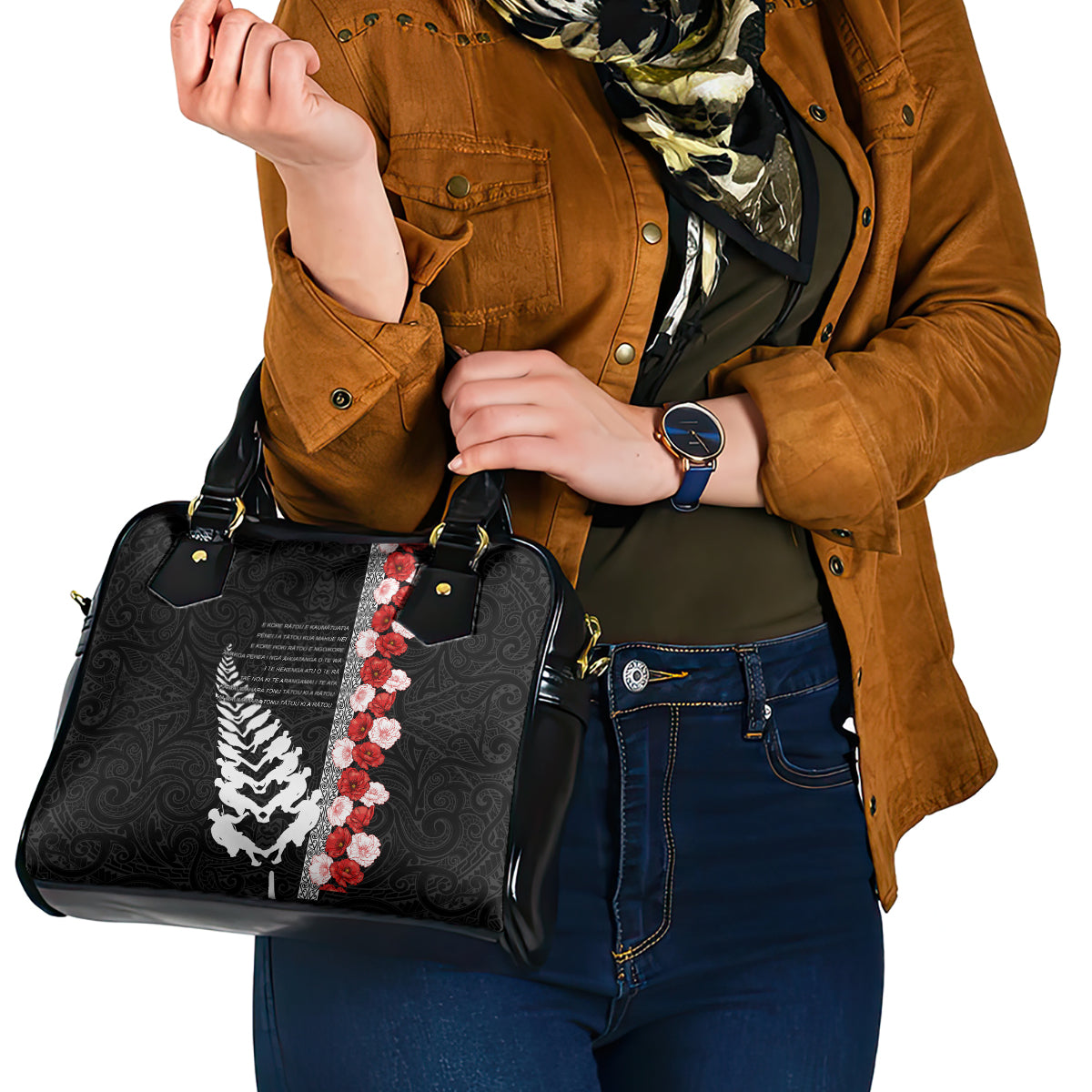 New Zealand ANZAC Day Shoulder Handbag Soldier Silver Fern with Red Poppies Flower Maori Style LT03 - Polynesian Pride