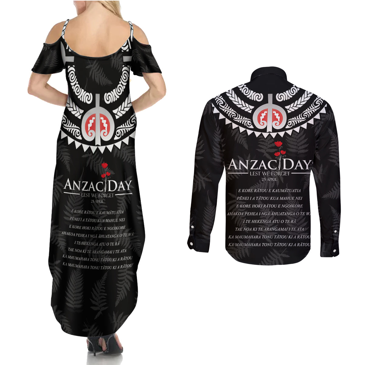 New Zealand ANZAC Day Couples Matching Summer Maxi Dress and Long Sleeve Button Shirt Lest We Forget Haka Dance Respect LT03 - Polynesian Pride