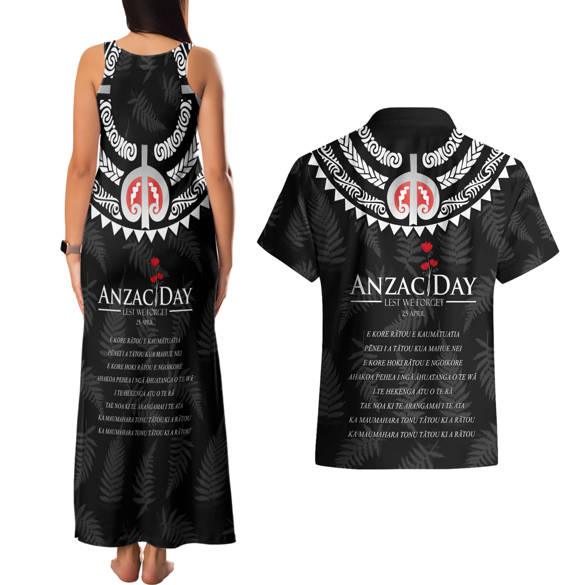 New Zealand ANZAC Day Couples Matching Tank Maxi Dress and Hawaiian Shirt Lest We Forget Haka Dance Respect LT03 - Polynesian Pride