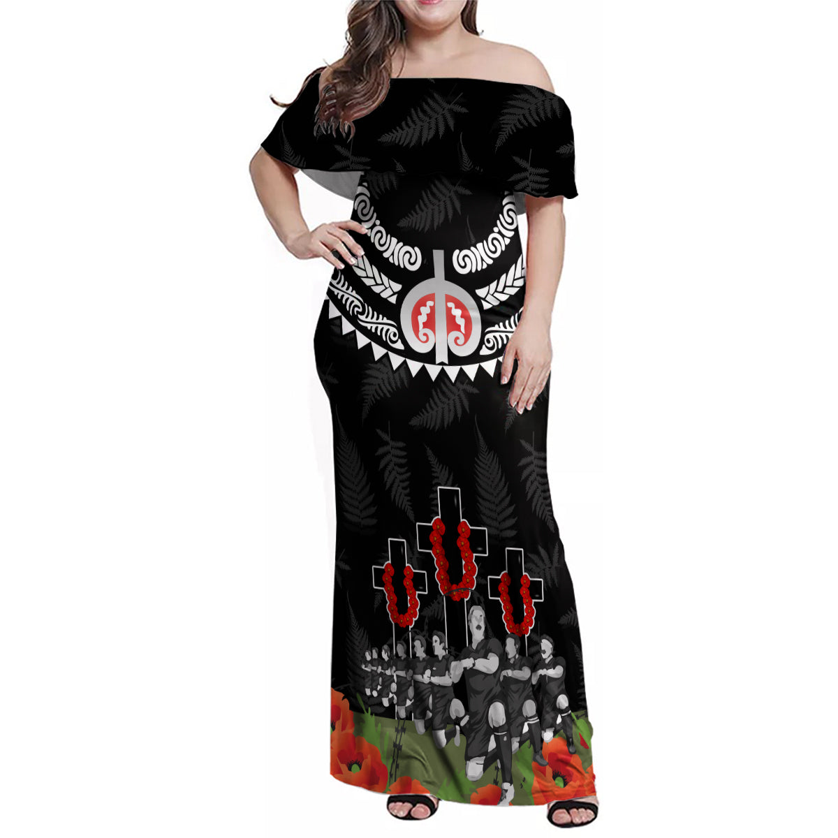 New Zealand ANZAC Day Family Matching Off Shoulder Maxi Dress and Hawaiian Shirt Lest We Forget Haka Dance Respect LT03 Mom's Dress Black - Polynesian Pride