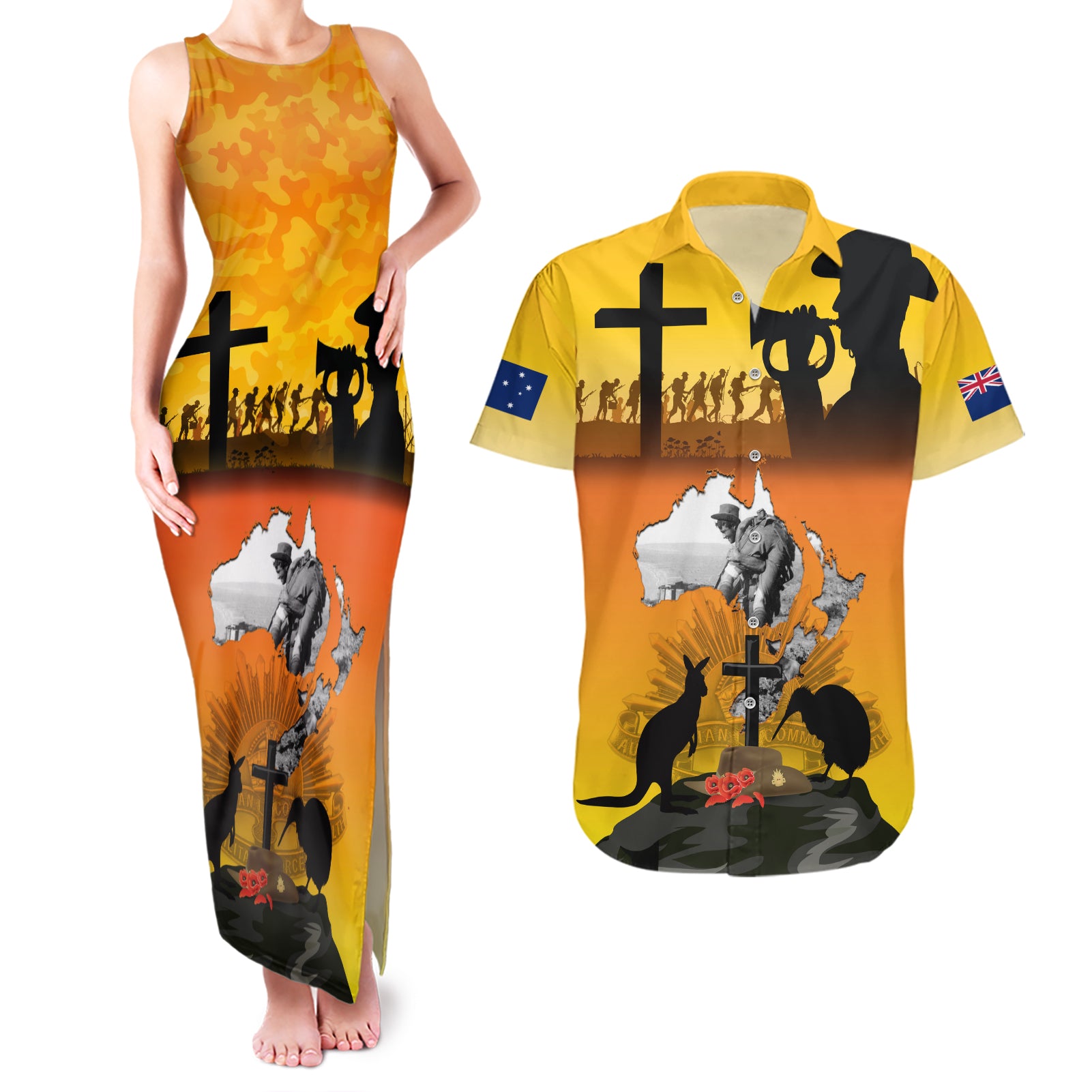 New Zealand and Australia ANZAC Day Couples Matching Tank Maxi Dress and Hawaiian Shirt Gallipoli Lest We Forget LT03 Yellow - Polynesian Pride