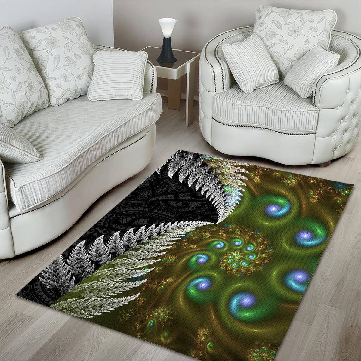 New Zealand Area Rug Koru Abstract Art and Silver Fern Maori Pattern