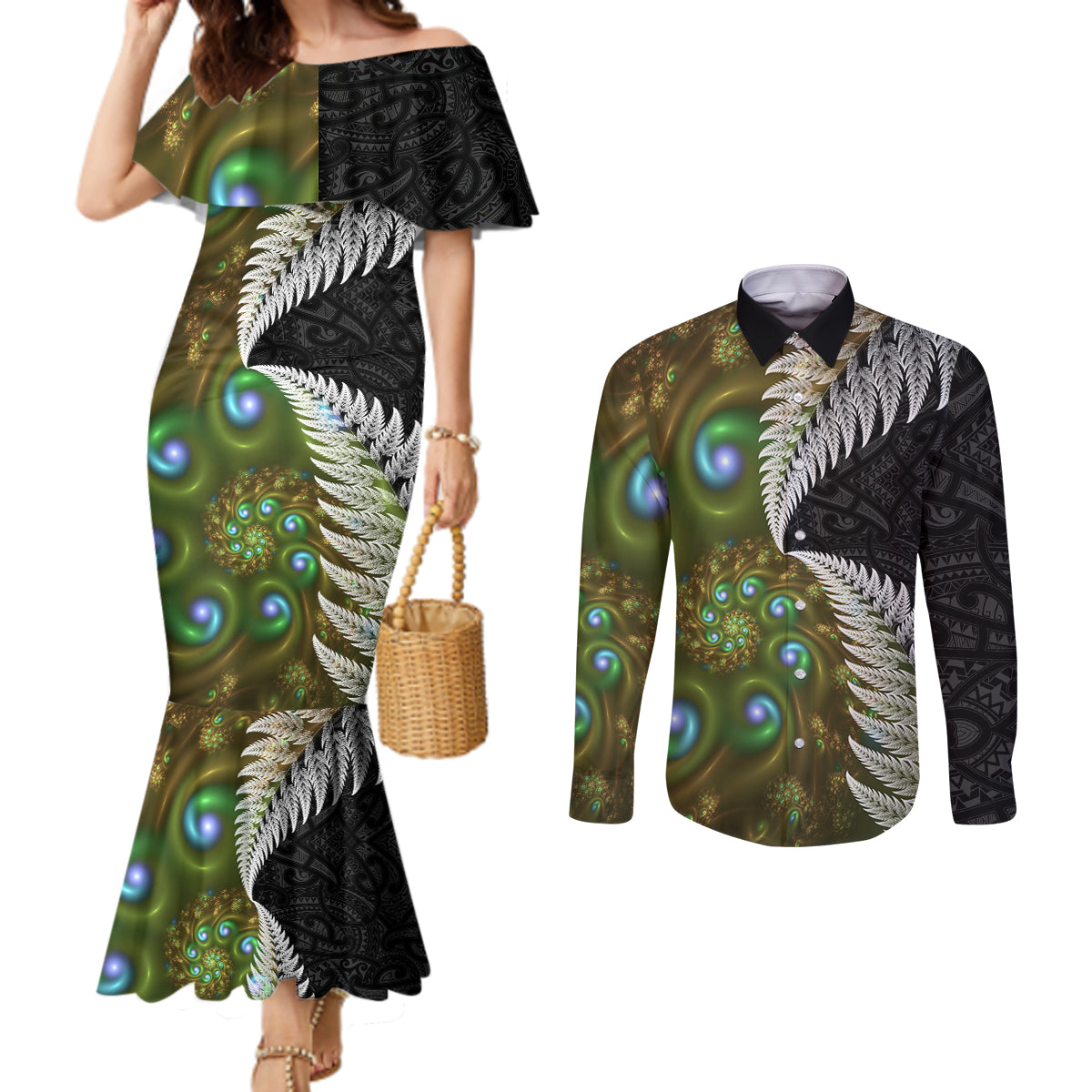 New Zealand Couples Matching Mermaid Dress and Long Sleeve Button Shirt Koru Abstract Art and Silver Fern Maori Pattern LT03 Green - Polynesian Pride