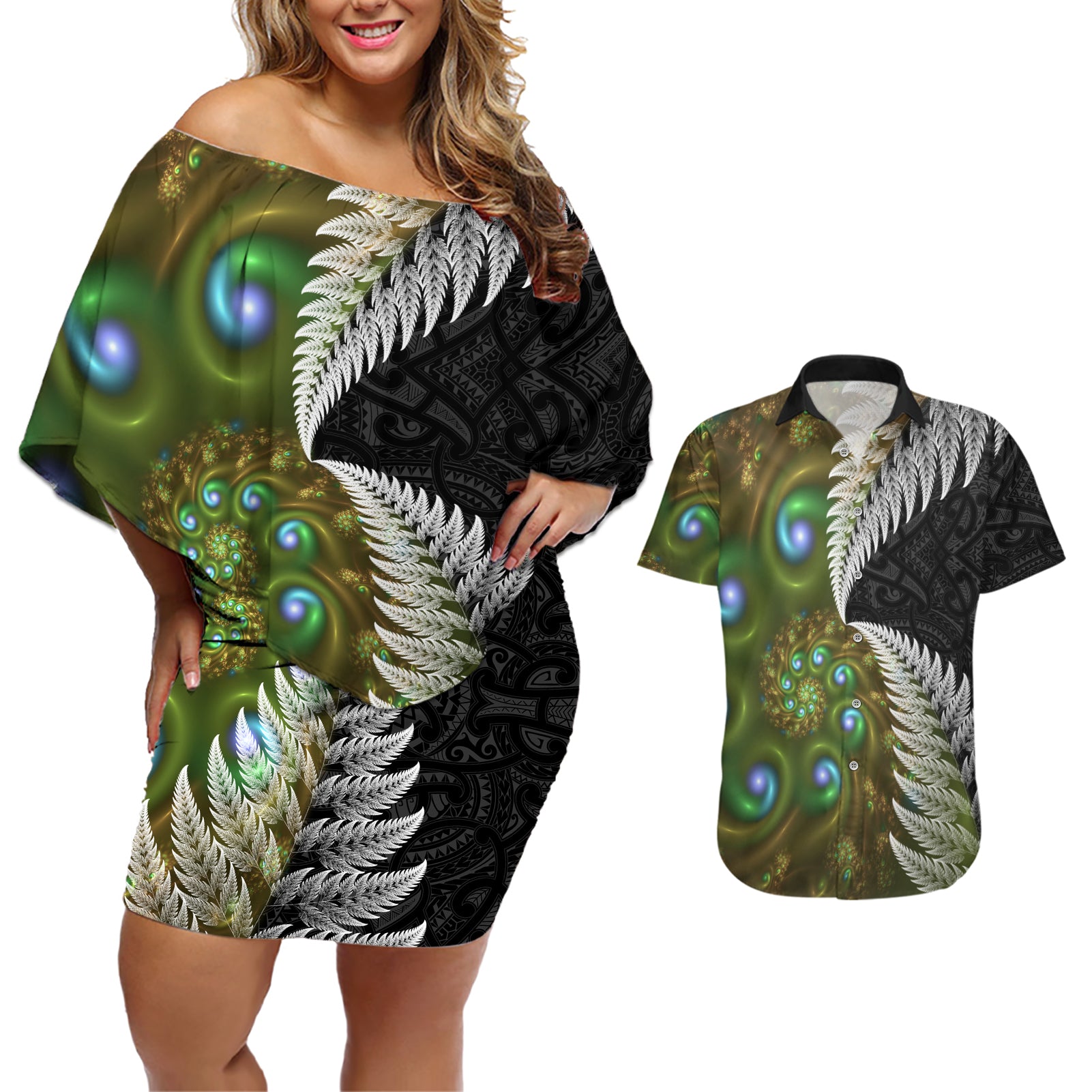 New Zealand Couples Matching Off Shoulder Short Dress and Hawaiian Shirt Koru Abstract Art and Silver Fern Maori Pattern LT03 Green - Polynesian Pride