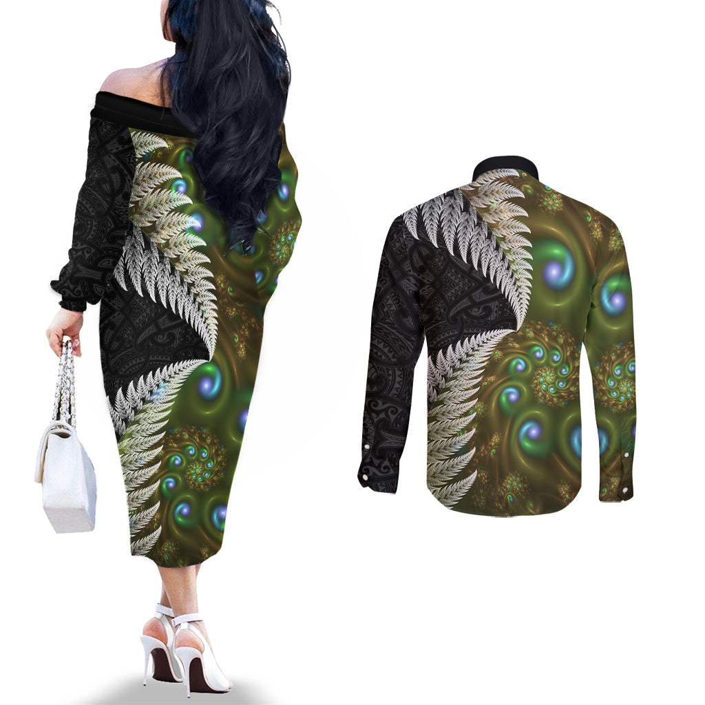 New Zealand Couples Matching Off The Shoulder Long Sleeve Dress and Long Sleeve Button Shirt Koru Abstract Art and Silver Fern Maori Pattern LT03 - Polynesian Pride