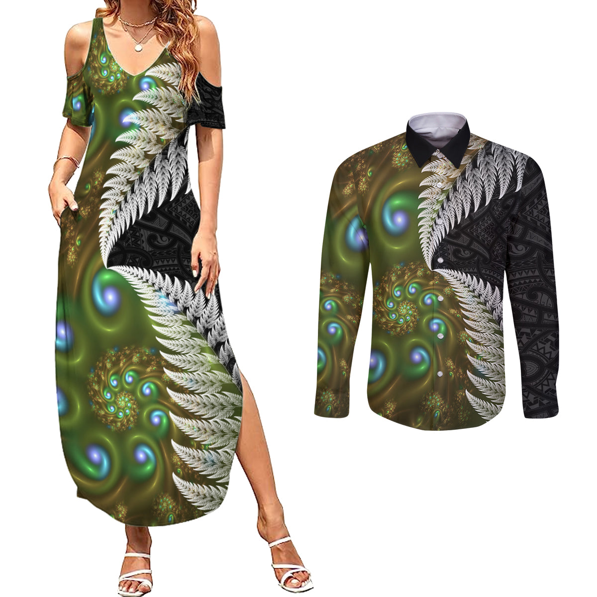 New Zealand Couples Matching Summer Maxi Dress and Long Sleeve Button Shirt Koru Abstract Art and Silver Fern Maori Pattern LT03 Green - Polynesian Pride