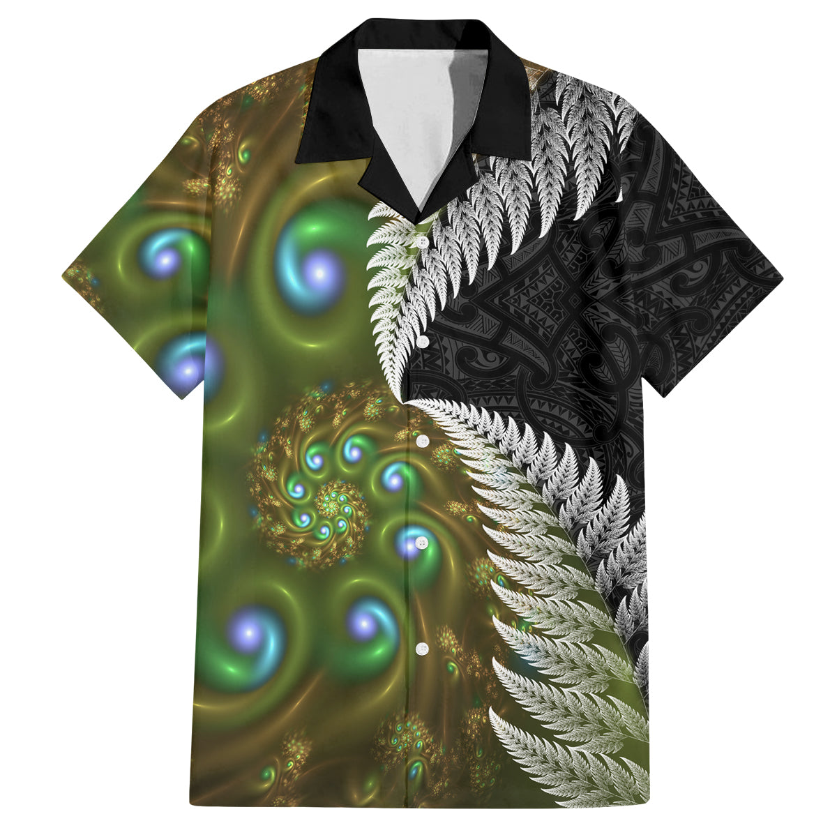 New Zealand Family Matching Off Shoulder Long Sleeve Dress and Hawaiian Shirt Koru Abstract Art and Silver Fern Maori Pattern LT03 Dad's Shirt - Short Sleeve Green - Polynesian Pride