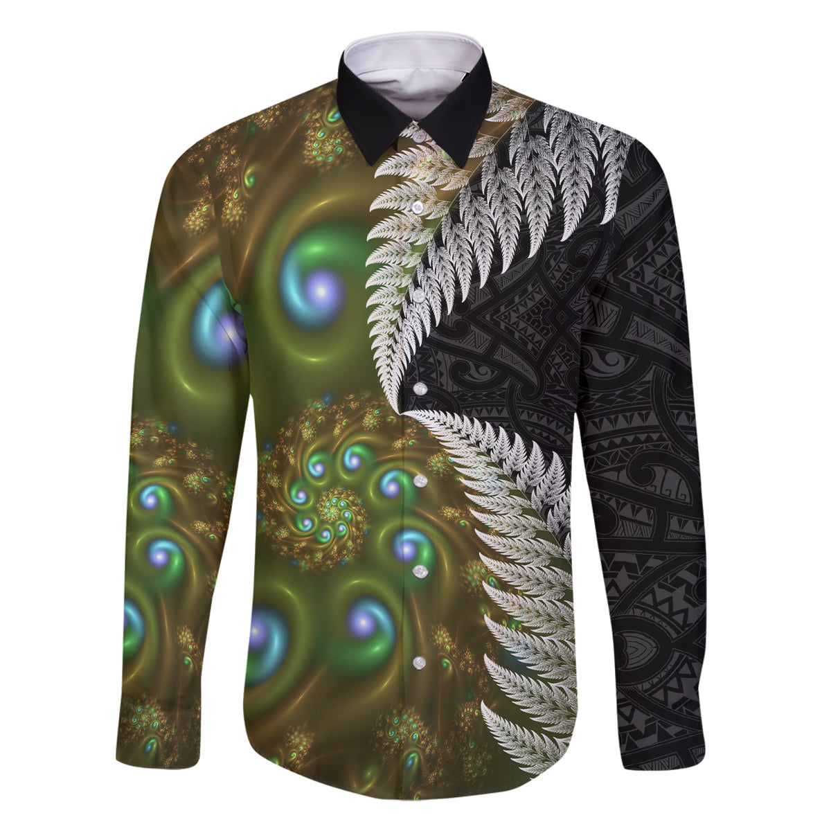 New Zealand Family Matching Off Shoulder Short Dress and Hawaiian Shirt Koru Abstract Art and Silver Fern Maori Pattern LT03 Dad's Shirt - Long Sleeve Green - Polynesian Pride