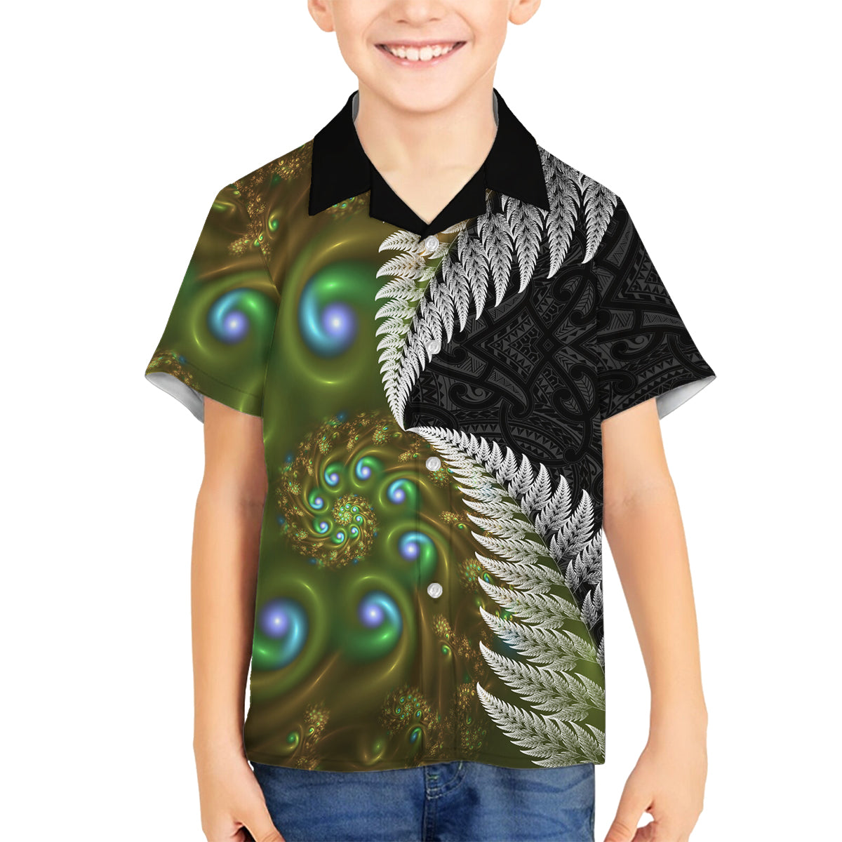 New Zealand Family Matching Off Shoulder Short Dress and Hawaiian Shirt Koru Abstract Art and Silver Fern Maori Pattern LT03 Son's Shirt Green - Polynesian Pride