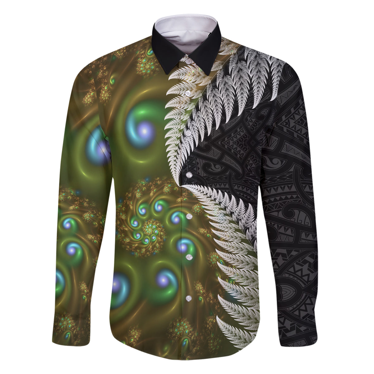 New Zealand Family Matching Short Sleeve Bodycon Dress and Hawaiian Shirt Koru Abstract Art and Silver Fern Maori Pattern LT03 Dad's Shirt - Long Sleeve Green - Polynesian Pride