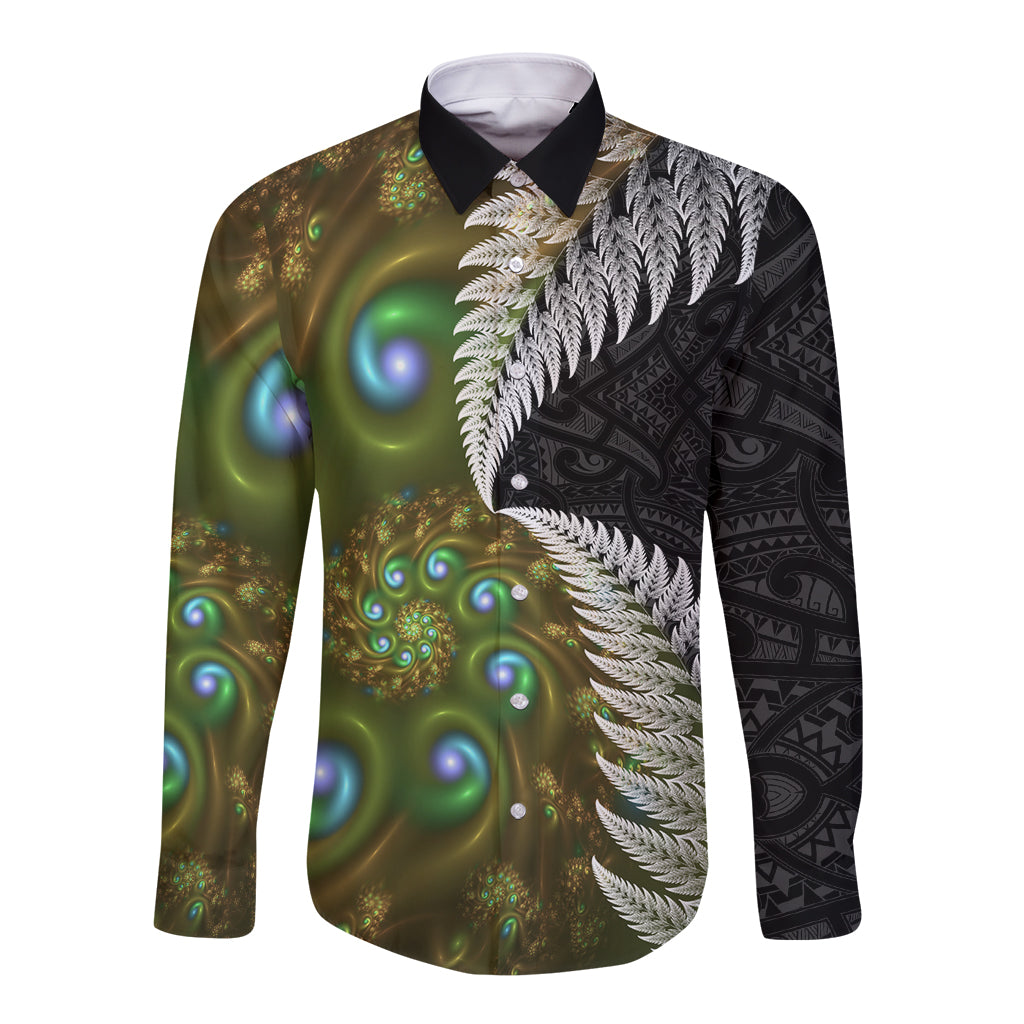 New Zealand Long Sleeve Button Shirt Koru Abstract Art and Silver Fern Maori Pattern LT03 Unisex Green - Polynesian Pride