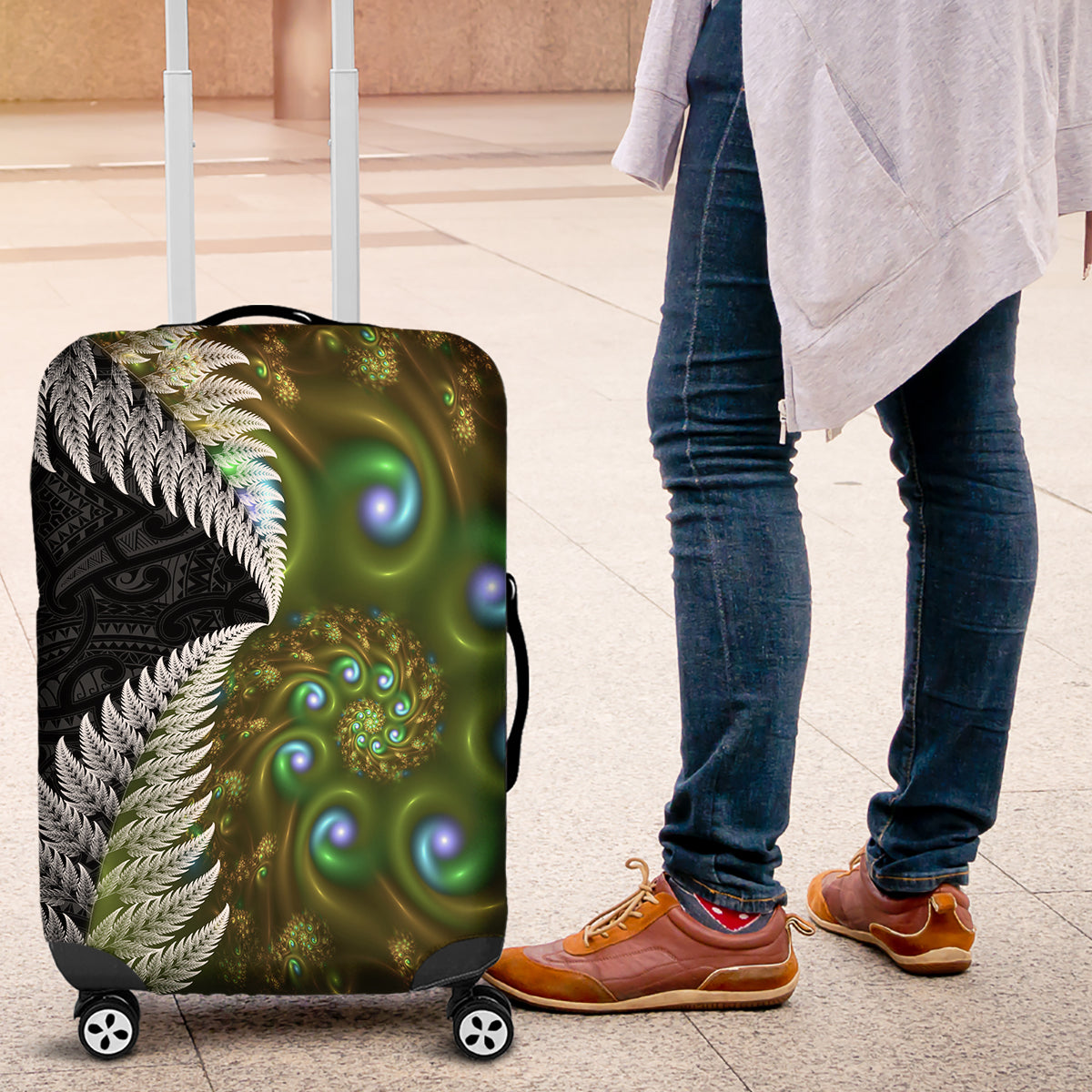 New Zealand Luggage Cover Koru Abstract Art and Silver Fern Maori Pattern