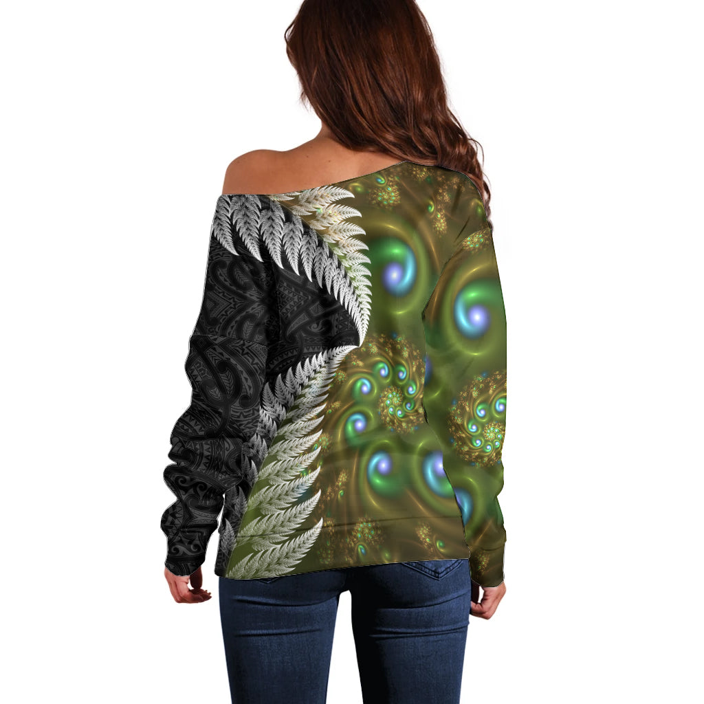 New Zealand Off Shoulder Sweater Koru Abstract Art and Silver Fern Maori Pattern LT03 - Polynesian Pride