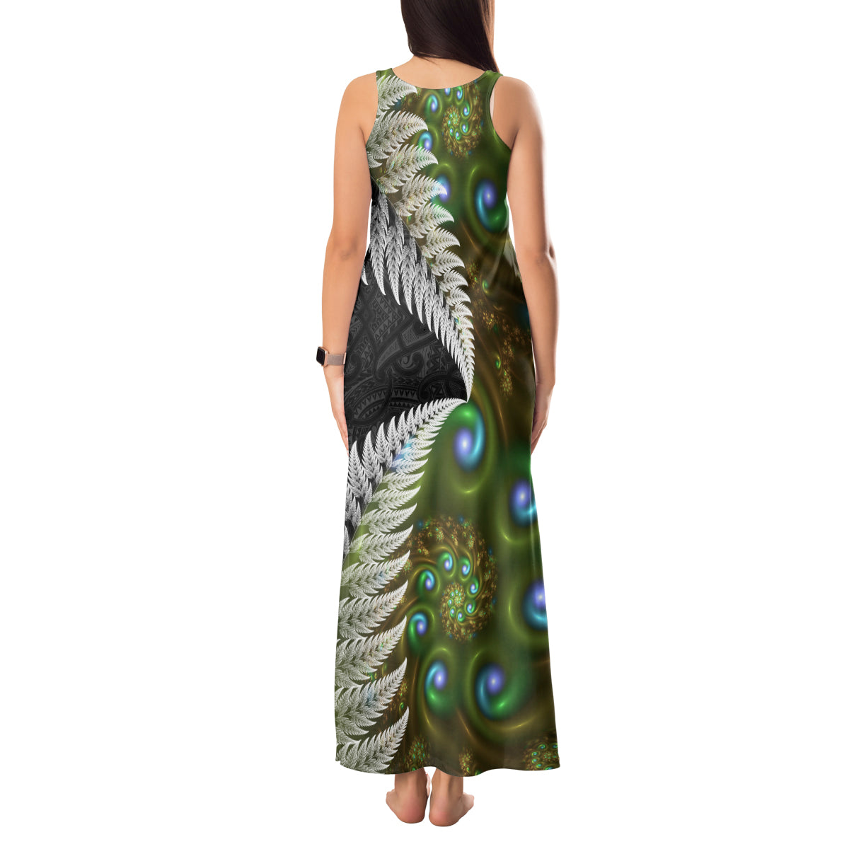 New Zealand Tank Maxi Dress Koru Abstract Art and Silver Fern Maori Pattern LT03 - Polynesian Pride