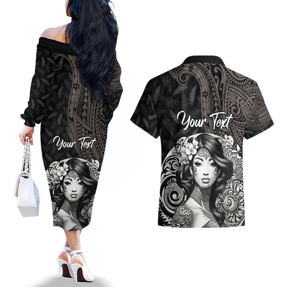 Custom New Zealand Women's Day Couples Matching Off The Shoulder Long Sleeve Dress and Hawaiian Shirt Maori Tribal Girl and Silver Fern Pattern LT03 - Polynesian Pride