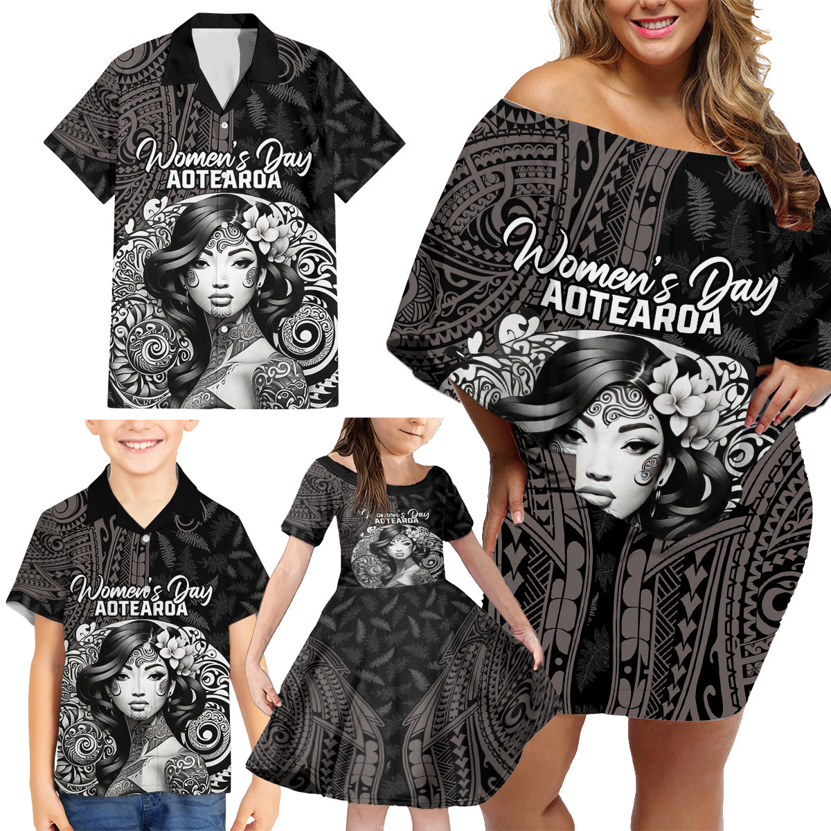 Custom New Zealand Women's Day Family Matching Off Shoulder Short Dress and Hawaiian Shirt Maori Tribal Girl and Silver Fern Pattern LT03 - Polynesian Pride