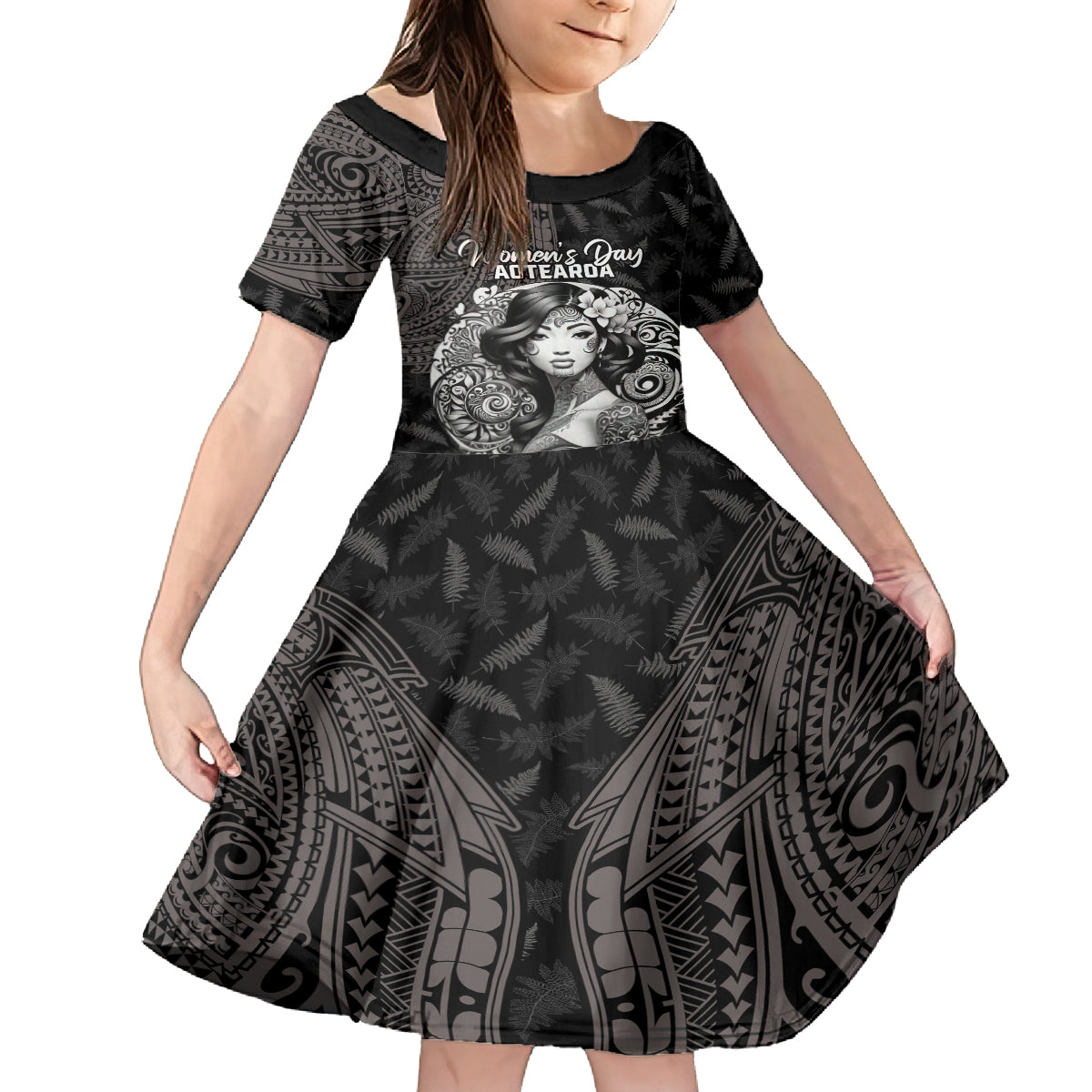 Custom New Zealand Women's Day Family Matching Puletasi and Hawaiian Shirt Maori Tribal Girl and Silver Fern Pattern LT03 Daughter's Dress Black - Polynesian Pride