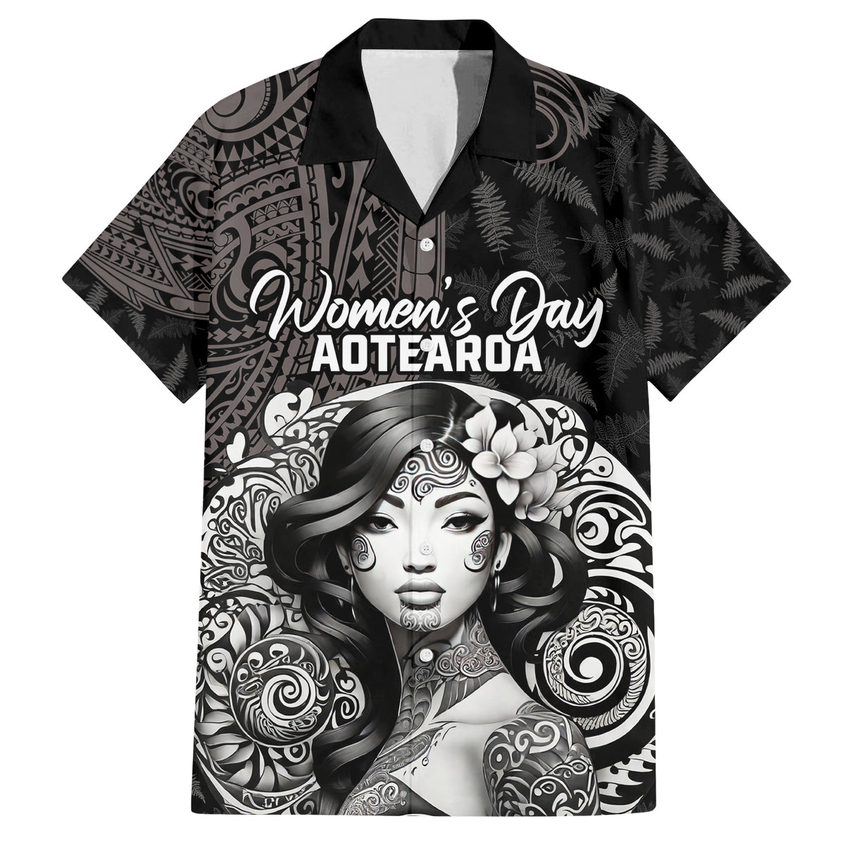 Custom New Zealand Women's Day Family Matching Summer Maxi Dress and Hawaiian Shirt Maori Tribal Girl and Silver Fern Pattern LT03 Dad's Shirt - Short Sleeve Black - Polynesian Pride