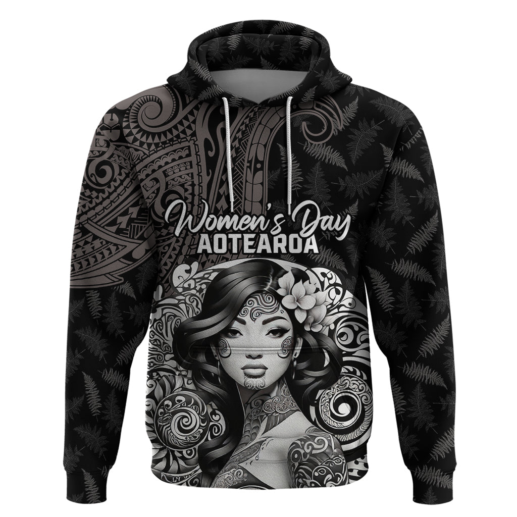 Custom New Zealand Women's Day Hoodie Maori Tribal Girl and Silver Fern Pattern LT03 Pullover Hoodie Black - Polynesian Pride