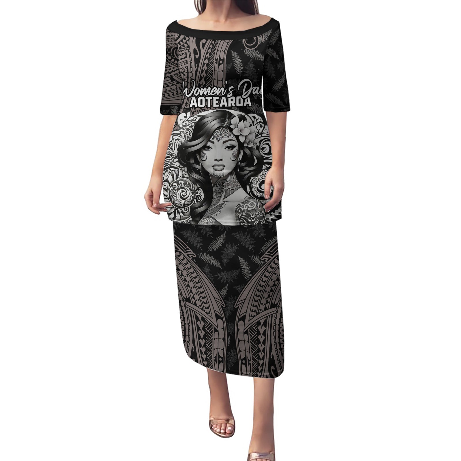Custom New Zealand Women's Day Puletasi Maori Tribal Girl and Silver Fern Pattern LT03 Long Dress Black - Polynesian Pride